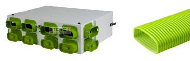 Box pro pipojen plochho flexibilnho potrub 2x 6 plochch hadic 50x100, kde kapacita vzduchu in 33m<sup>3</sup>/h pi 3m/s