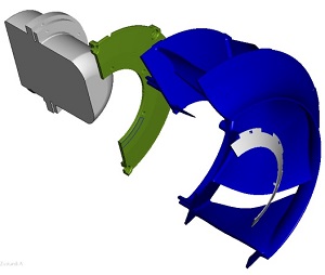 Skladba ventilátoru ZAvblue s adaptérem ( znázorněný zelenou barvou) pro dosažení stejné zástavbové výšky jak s AC tak s EC motorem