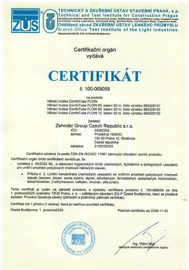 Obrázek č. 1: Hygienická nezávadnost ComfoTube Flow certifikována hygienickým ústavem.