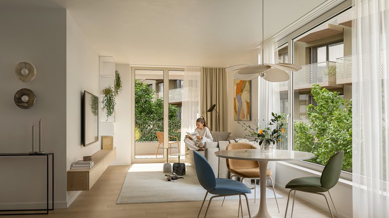 Vizualizace: V&nbsp;projektu Cresco Real Estate Yards Žižkov budou všechny byty vybaveny klimatizací i&nbsp;exteriérovým stíněním, které je z&nbsp;hlediska tepelného komfortu výrazně účinnější než interiérové žaluzie. Komfort bydlení zajistí také podlahové vytápění, velkoformátová hliníková okna s&nbsp;izolačním trojsklem a&nbsp;elektricky ovládané screenové rolety.